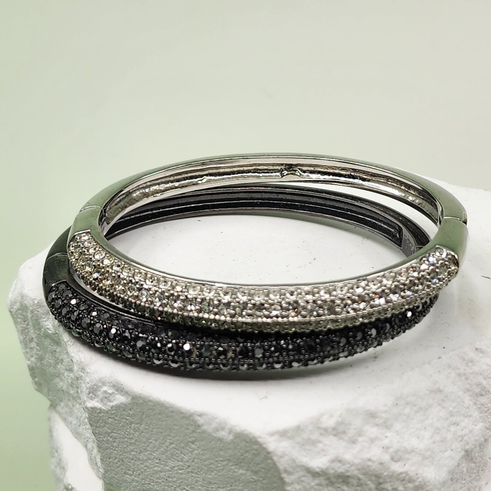 Black Silver Rhinestone Double Hinged Bangle Bracelet Crystal Cocktail Statement